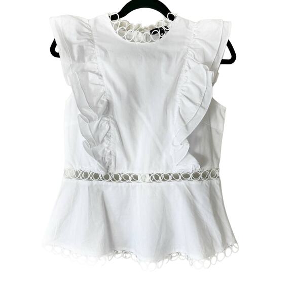 Aqua White Cap Sleeve Ruffle Trim Eyelet Cut Out Blouse Size Medium - Picture 1 of 5